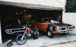 Here's my garage when I was about 18 and had both the Bee and a '71 440 Six Pack Road Runner that I bought for $3,100 and sold for $3,800, thinking I'd made a killing. The day the Road Runner was picked up I offered the guy the Bee instead. No deal. My dad still has that '78 Honda XL100.  &raquo; Click to zoom ->