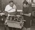 By 1994, Mopar Performance had decided to start reproducing Hemi blocks and came to Hot Rod looking for ink. I was lucky in that we got to build an engine at Dick Landy's place to go in my car, which I also restored at the same time. This is Dick and Mike Landy with the first of the "new" Hemi blocks. At 484ci, it made 750 hp.  &raquo; Click to zoom ->