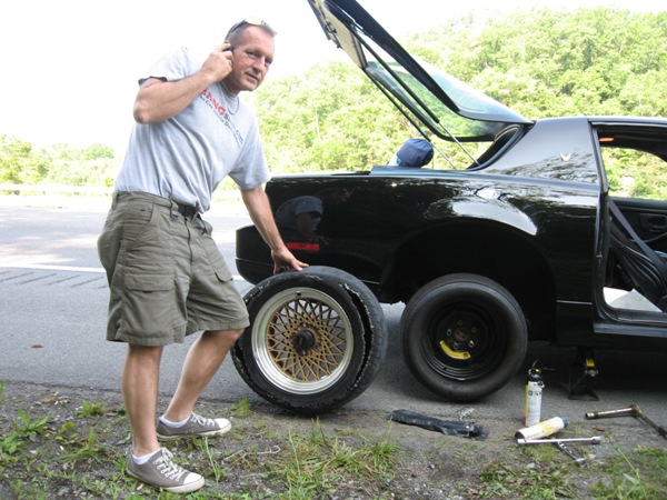 Buddy with blown tire