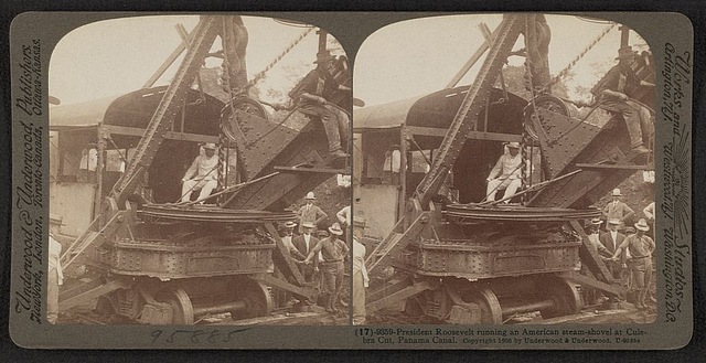 Teddy Roosevelt on a steam shovel at Panama Canal