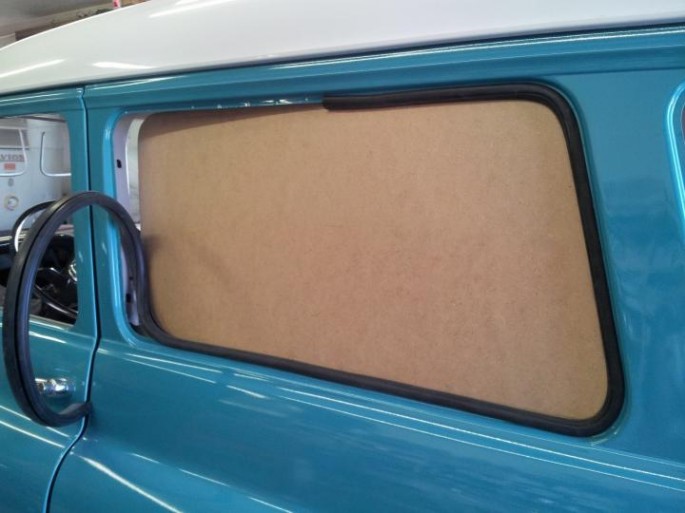 "I worked on the pattern for the middle side windows last night, I think it will work. I'll go see about getting one of them cut today to try. I also need to make some spacers to put under the windows, to hold the gasket up, because there's a deep pocket where the original sliding mechanism sat. "