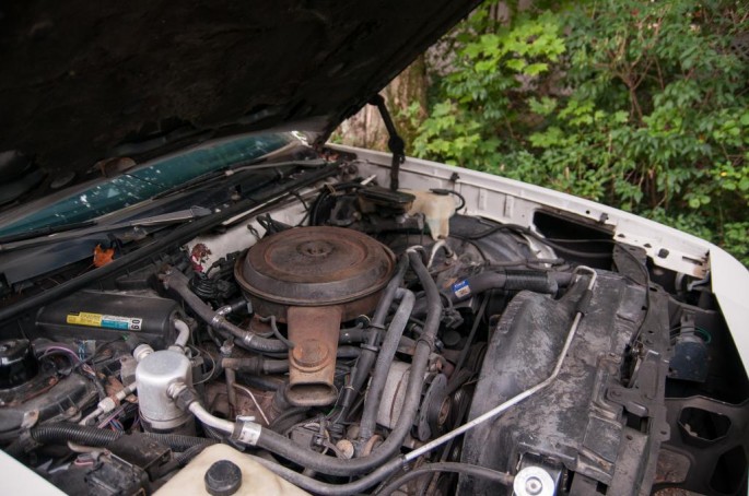 Mmm, plenty of 80’s emissions goodness, including the factory secondary air injection system. The A/C system is complete, but is in need of a recharge.