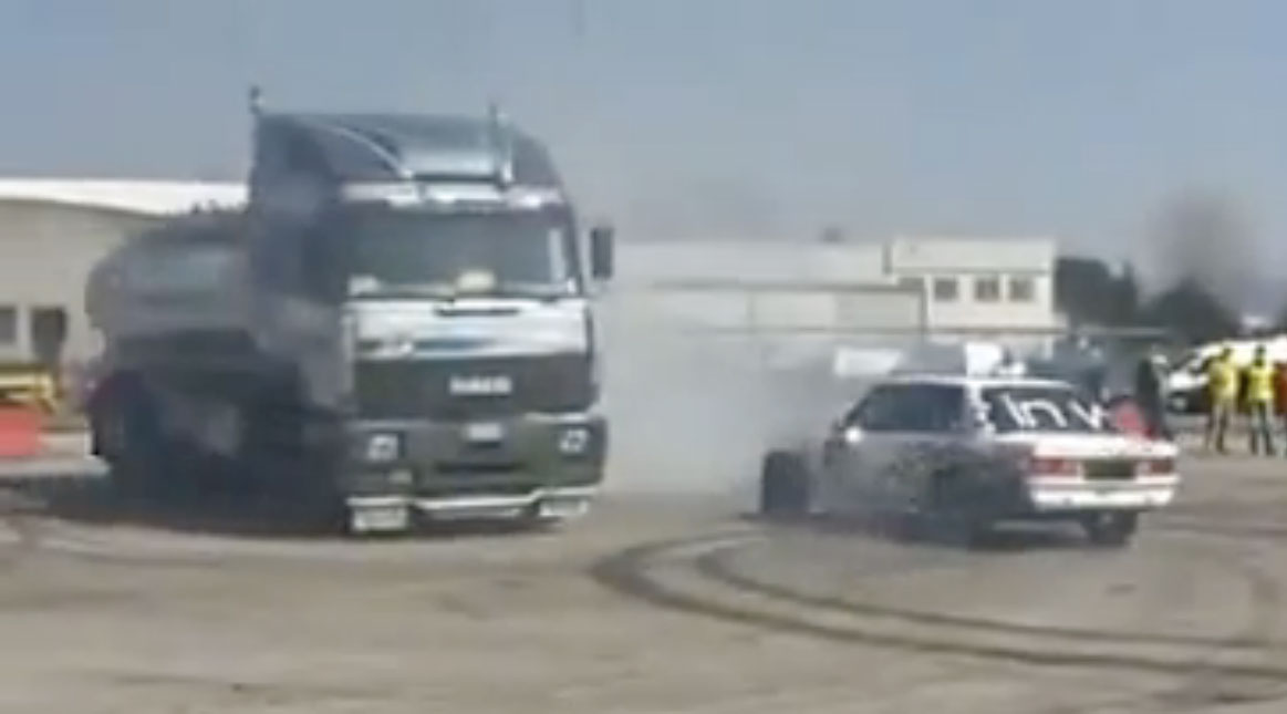 Have You Seen This? A Tanker Truck And A Drift Car Do Synchronized Donuts!