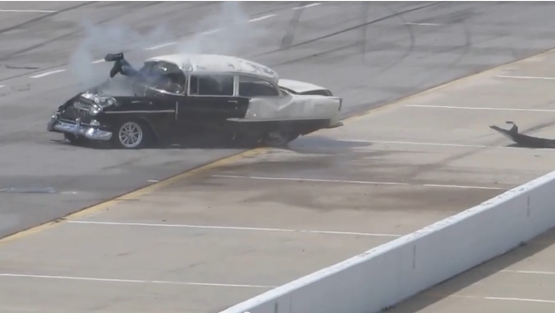 Miracle Video: Guy Wrecks Pro Street 1955 Chevy, Legs Hanging Out Of The Windshield And Walks Away!