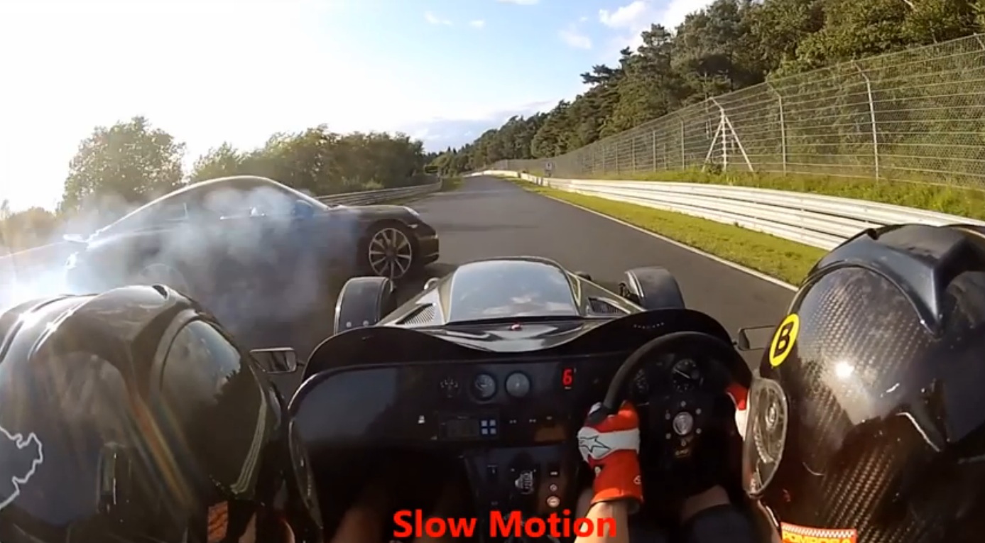 Watch An Out Of Control Porsche Nearly Wipe Out Two People In A Megabusa (Lotus 7 Variant) Sports Car On The ‘Ring