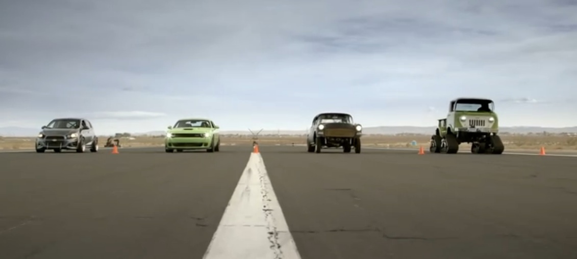 Watch Mike Finnegan’s Blasphemi ’55 Dominate A Hellcat Challenger, A Tank Tracked FC170, And A Breadbox With Wheels In A Drag Race