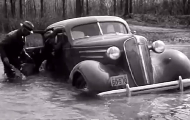 Weirdest Chevrolet Newsreel Ever: Man Goes Fishing With His 1936 Chevrolet Sedan – Uses Car As “Net”