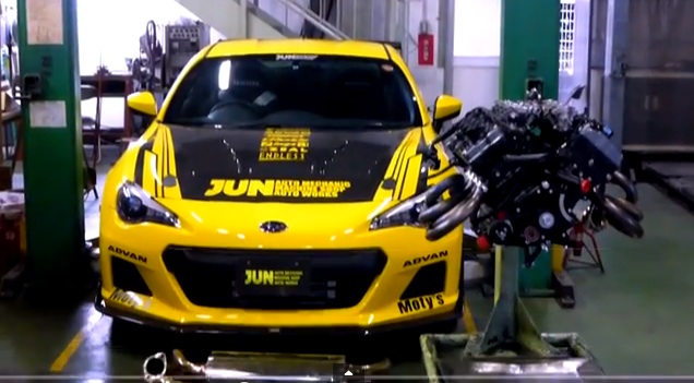 This Subaru BRZ Is Packing A JUN-Built 2.4 Liter V8 Made From Two Kawasaki Ninja Four-Cylinders – 11,000 RPM Screaming Yellow Jacket!