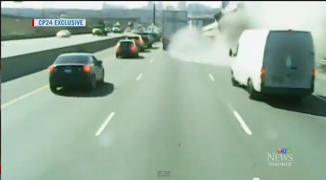 This Dashcam Caught The Moment A Truck Fell Off Of A Ramp And Into The Middle Of Traffic In Canada