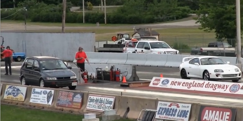 Best Of BS 2015: Watch This Lame Looking Eagle Summit Hand A Mustang And A Supra Their Lunch At The Drag Strip