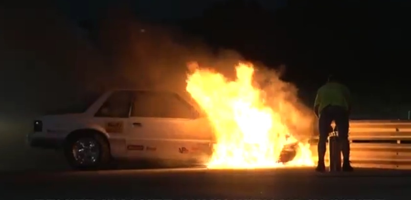 Raging Inferno: Watch This Mustang Eat The Wall At A No-Prep Race And Then Burst Into Flames! (Driver OK)