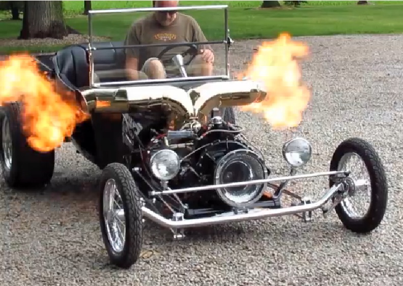 Watch This Awesome And Crazy Turbine Powered T-Bucket Fire Up And Drive Down The Street