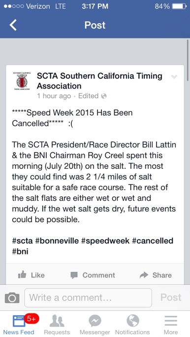 Bonneville Speed Week 2015 Cancelled – Not Enough Salt For Course
