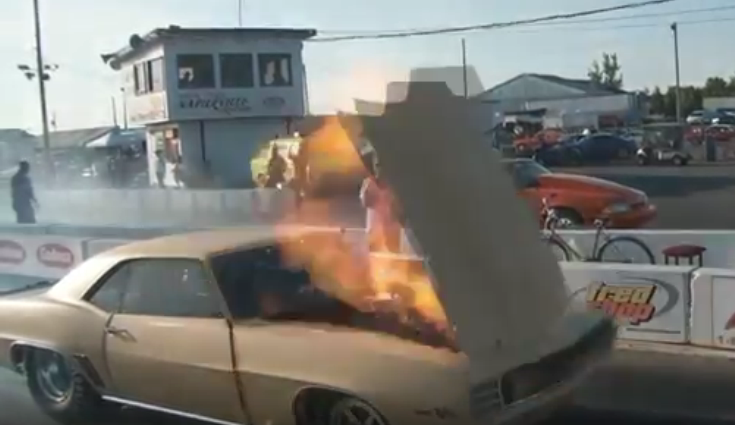 Napierville BOOM! Watch This Camaro Blow Its Hood Off When Trying To Restart At The Strip