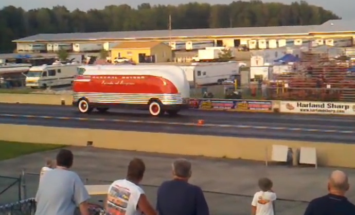 Someone Actually Took A GM Futurliner Down The Dragstrip At Norwalk! Twelve Tons Of Trouble In The Right Lane!