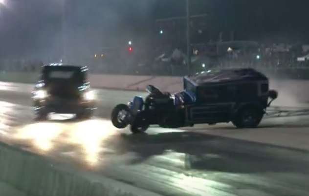 Watch This Blown Small Block Drag Tudor Spin Across The Track As A Classic Pickup Nearly T-Bones It!