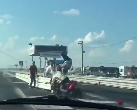 Incredible Video: Watch A Guy At The Starting Line Of The Drag Strip Get Launched By A Wayward Motorcycle