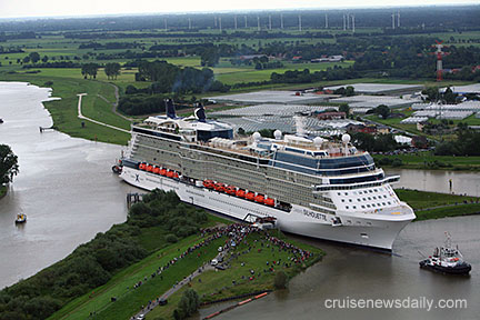 Celebrity Cruises' new ship Celebrity Silhouette begins it's 42 KM transit backwards down the river Ems navigating several narrow gaps with less than    0.75M clearance each side. .The transit  to the sea takes 12 hours. The Ship will be officially launched at it's naming ceremony in Hamburg on 21st July 2011...