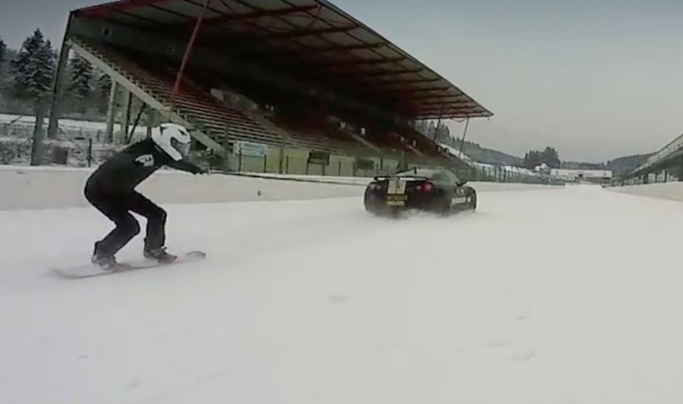 When Snow Falls On A Racetrack, The Answer Is A Nissan GT-R And A Fearless Snowboarder!