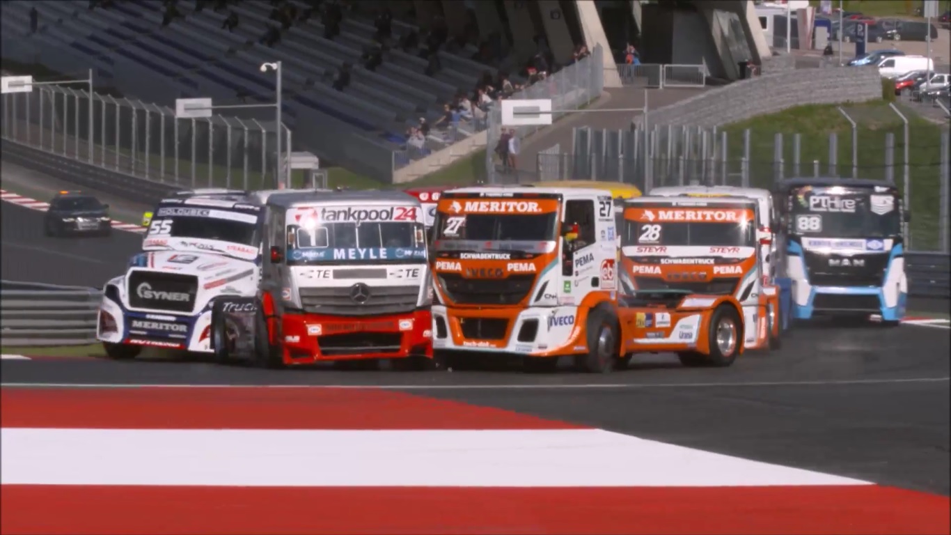 Watch a gaggle of European rigs pile into the very first corner of a race