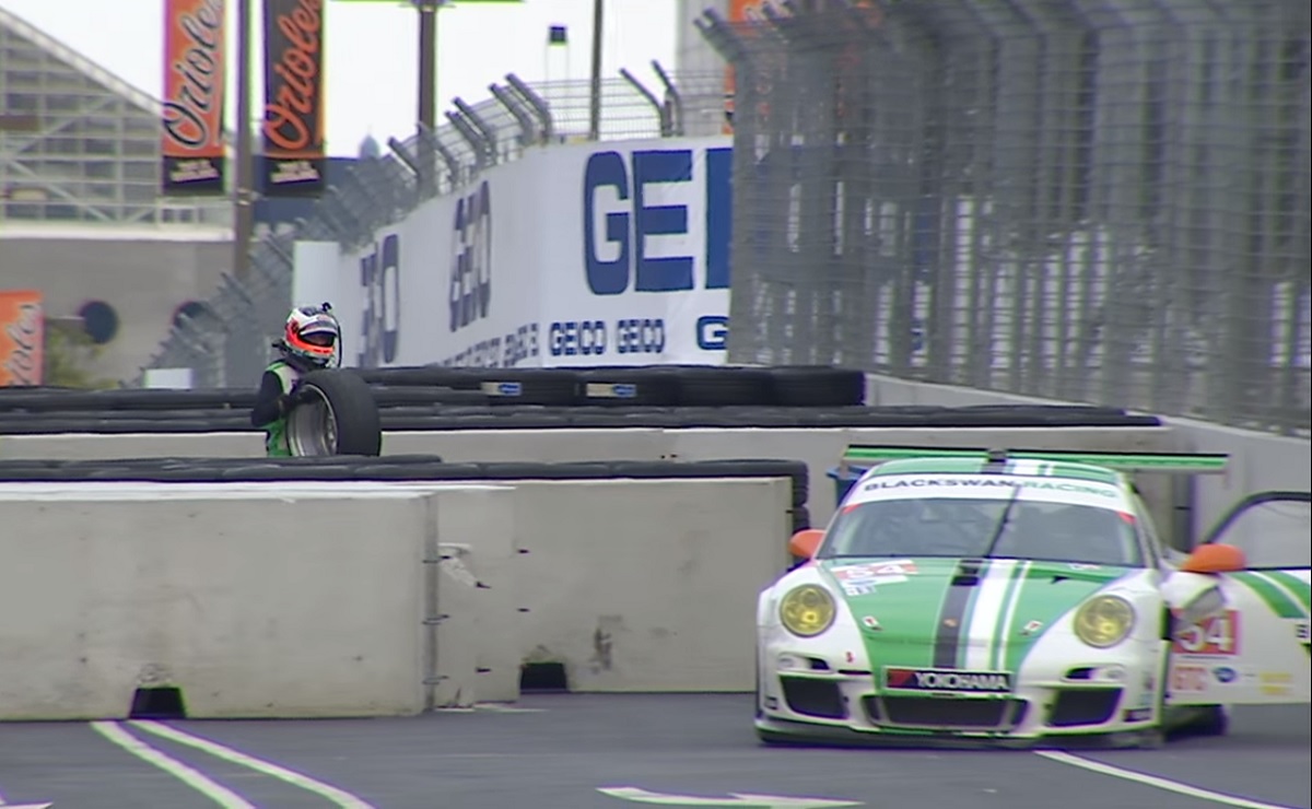 Classic video: Watch a racer retrieve his wayward wheel from the racetrack