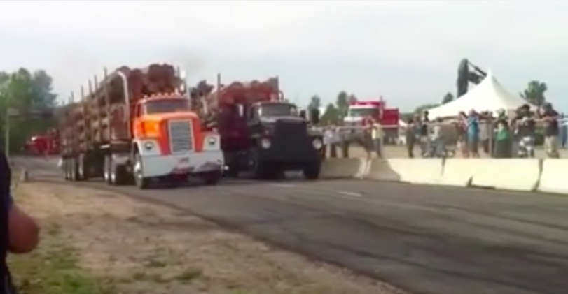 Brutal Scream Video: Watch Two Vintage Dodge Big Rigs Drag Race With Triple Logging Trailers Attached!