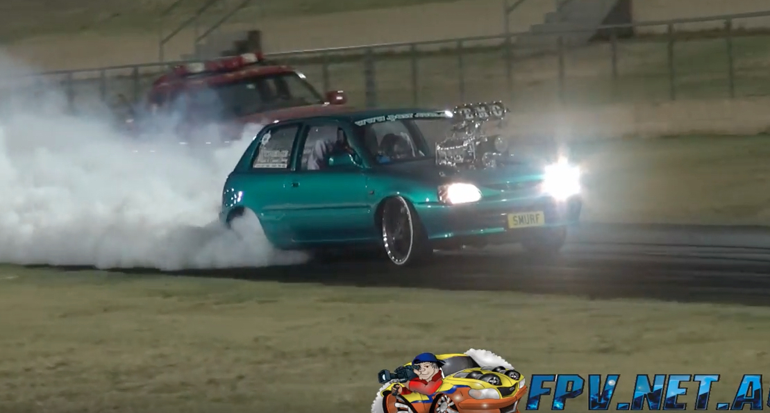 Tiny Car Times Huge Blower Plus LS Power Divided By Australia Equals Tire Smoke