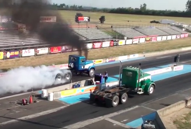 Watch These Two Detroit Diesel Powered Rigs Drag Race: Huge Handicapped Start!