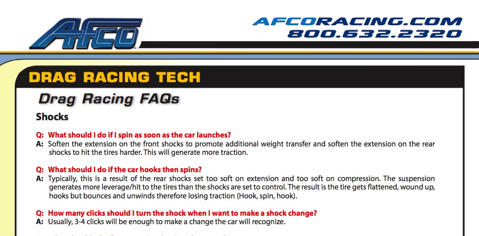 Have You Checked Our AFCO’s Tech Area? Tips On Drag Suspension Tuning Cooling Systems, Brakes, and More!