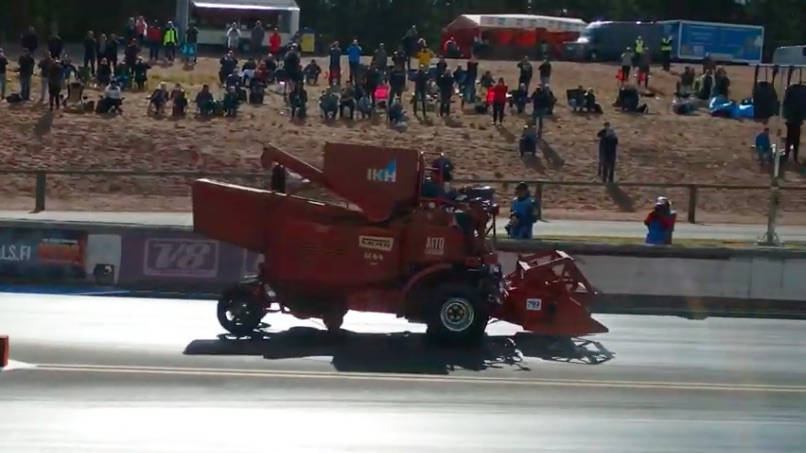 WTF Video: Watch This Vintage Combine Packing A 500ci Turbocharged Caddy Engine Run 15s at 80+ At The Digs
