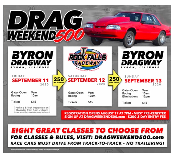 Drag Weekend 500 Is Coming – Register Now! Byron Dragway to Rock Falls Raceway and Back In September!