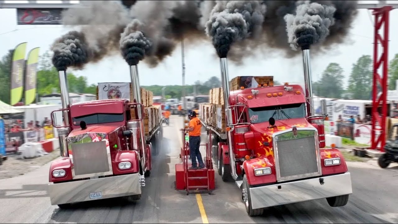 SEMI TRUCKS Drag Racing, Up Hill, With 120,000 lbs Trailers Behind Them! What Could Possibly Go Wrong?