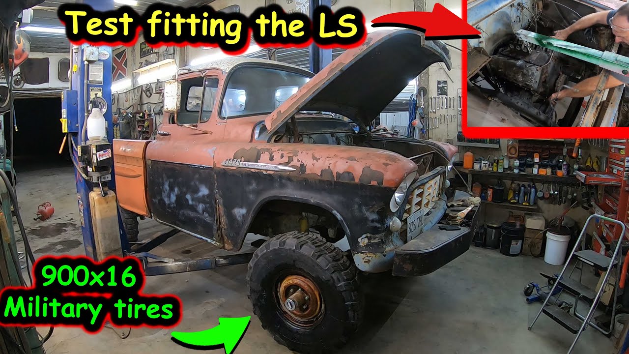 Halfass Kustoms 1955 Chevrolet NAPCO 4×4 Project: Big Tires, Making Motor Mounts And Test Fitting The Engine And Trans!