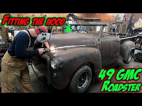 Halfass Kustoms 1949 GMC Roadster Pickup Custom: Welding and fitting the hood and fender swapping the 49 GMC Roadster Pickup.