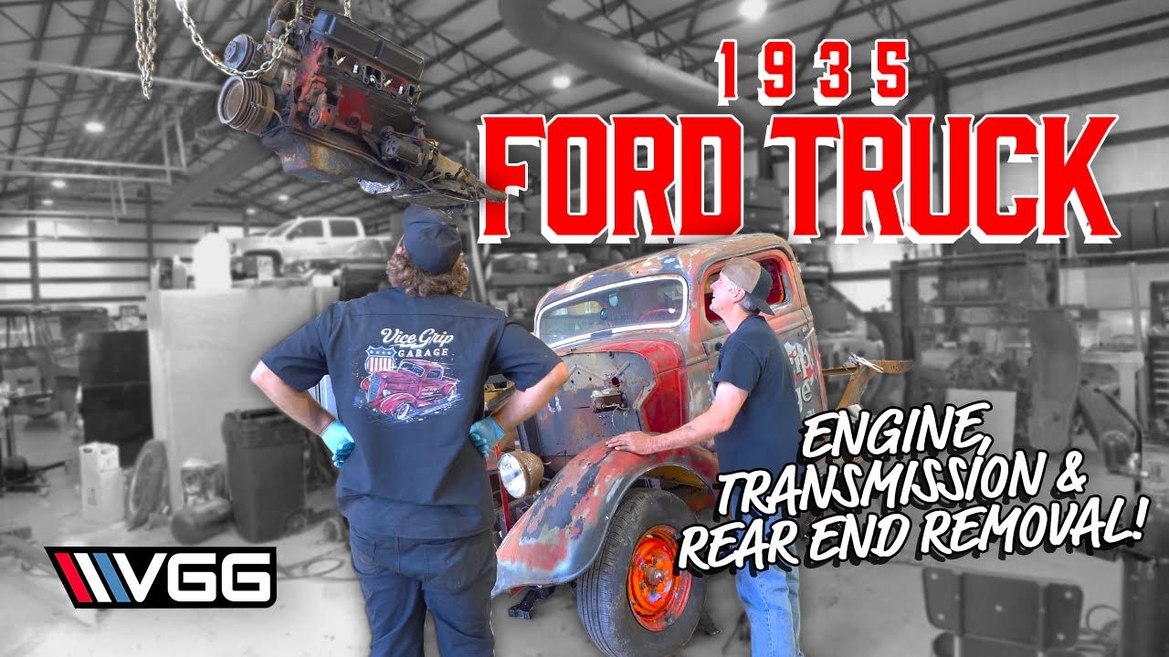 Vice Grip Garage’s Chopped Top 1935 Ford Truck is Back: Dirthead Dave And Derek Work On Engine, Transmission, Rear Suspension REMOVAL Because IT’S SO BAD!